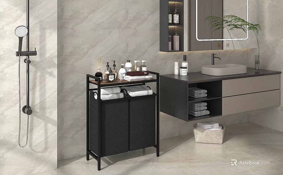 Modern Bathroom Vanity With Mirror Black Storage Shelf Towels Toiletries And Wicker Basket 3d model 
