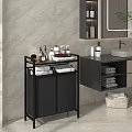 Modern Bathroom Vanity With Mirror Black Storage Shelf Towels Toiletries And Wicker Basket