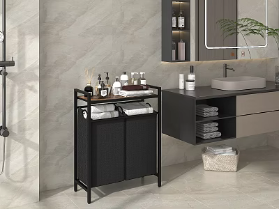 Modern Bathroom Vanity With Mirror Black Storage Shelf Towels Toiletries And Wicker Basket 3d model
