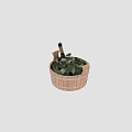 Decorative Ornament Set Featuring Wooden Barrel with Green Leaves and Decorative Broom