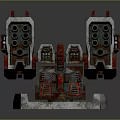 Twin Multi Barrel Weapon With Red And White Mechanical Symmetrical Turret Base 3d model