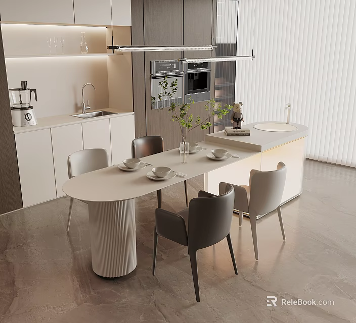 Modern Dining Table In Open Kitchen With Gray Chairs And White Countertop 3d model
