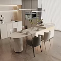 Modern Dining Table In Open Kitchen With Gray Chairs And White Countertop 3d model