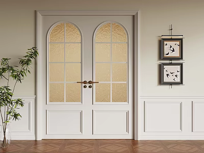 White Double Doors With Arched Glass Panels Golden Handles Wainscoting And Decorative Paintings 3d model