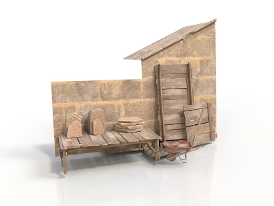 Modern Rustic Outdoor Setup With Brick Wall Wooden Bench Stacked Bricks And Wheelbarrow 3d model