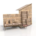 Modern Rustic Outdoor Setup With Brick Wall Wooden Bench Stacked Bricks And Wheelbarrow