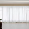 White Sheer Curtains in Modern Indoor Space with Wooden Floor Small Table and Potted Plant