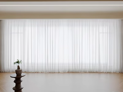 White Sheer Curtains in Modern Indoor Space with Wooden Floor Small Table and Potted Plant 3d model