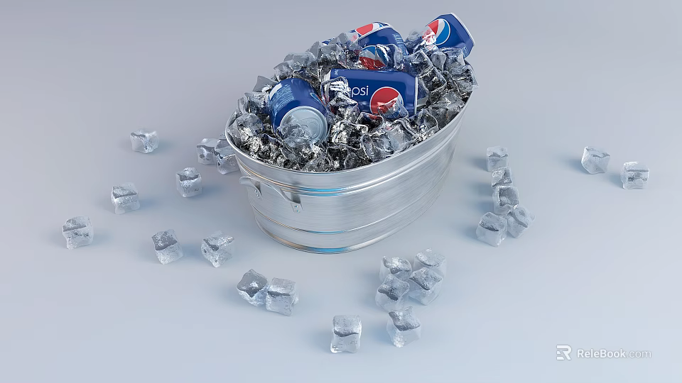 Refreshing Chilled Pepsi Cans in Metal Bucket with Ice Cubes 3d model 