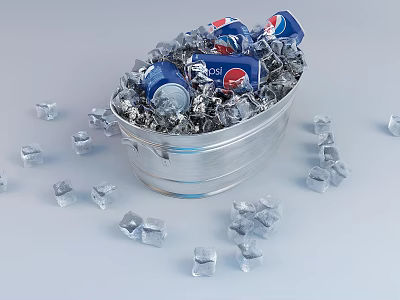 Refreshing Chilled Pepsi Cans in Metal Bucket with Ice Cubes 3d model