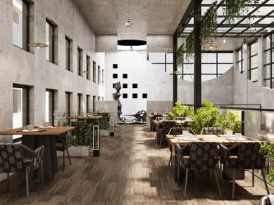 Industrial Style Restaurant Open Space With Concrete Walls Metal Frames And Green Plants 3d model