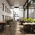 Industrial Style Restaurant Open Space With Concrete Walls Metal Frames And Green Plants