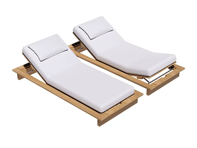 Two Outdoor Lounge Chairs With White Cushions And Wooden Frames 3d model