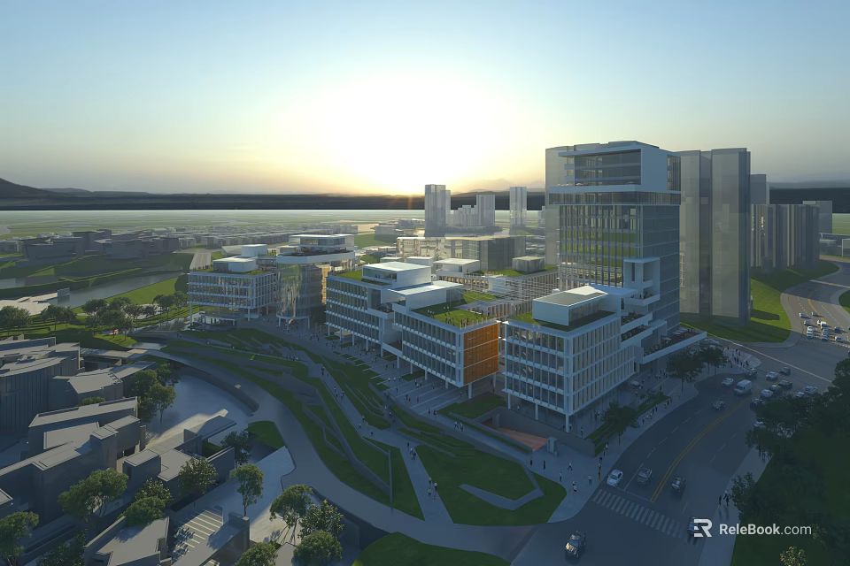 Modern Urban Office Buildings Complex With Green Spaces Roads And Sunlit Surroundings 3d model 