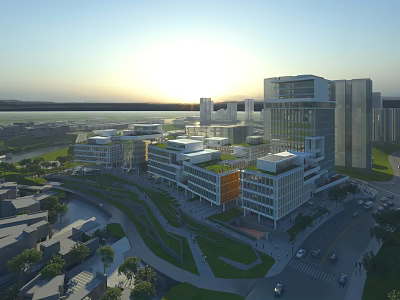 Modern Urban Office Buildings Complex With Green Spaces Roads And Sunlit Surroundings 3d model