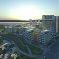 Modern Urban Office Buildings Complex With Green Spaces Roads And Sunlit Surroundings