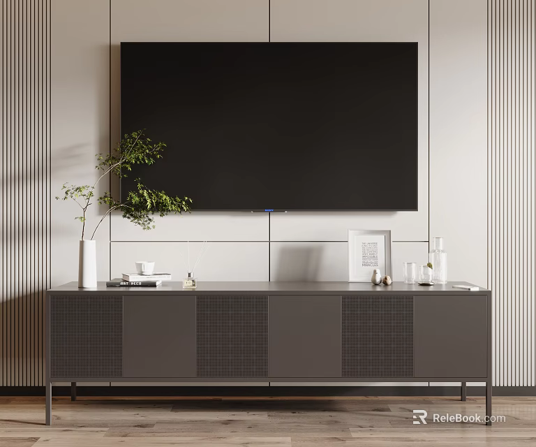 Modern TV Stand With Flat Screen TV Decorative Plants Photo Frame And Striped Wall 3d model 