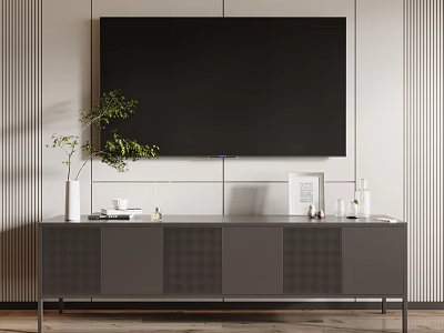 Modern TV Stand With Flat Screen TV Decorative Plants Photo Frame And Striped Wall 3d model