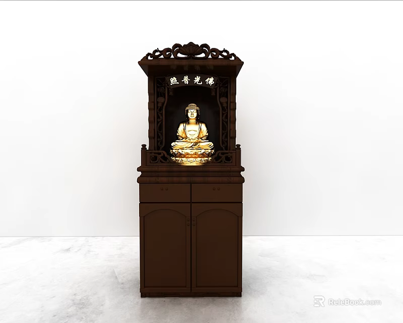 Wooden Buddhist Shrine Cabinet With Carved Design And Golden Buddha Statue 3d model 