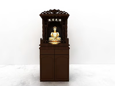 Wooden Buddhist Shrine Cabinet With Carved Design And Golden Buddha Statue 3d model