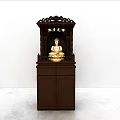 Wooden Buddhist Shrine Cabinet With Carved Design And Golden Buddha Statue