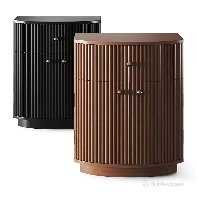 Modern Black and Brown Bedside Tables with Vertical Slat Design and Brass Handles 3d model 