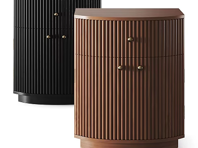 Modern Black and Brown Bedside Tables with Vertical Slat Design and Brass Handles 3d model