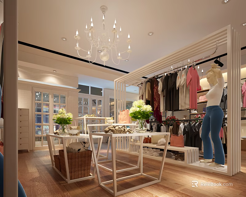 Clothing Store Interior Design With Hanging Clothes Mannequin Chandelier Flower Decor And Display Tables 3d model 