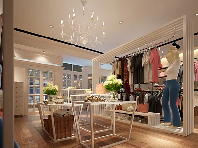 Clothing Store Interior Design With Hanging Clothes Mannequin Chandelier Flower Decor And Display Tables 3d model