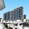 Modern High-Rise Residential Building With Green Landscape And Outdoor Seating Area