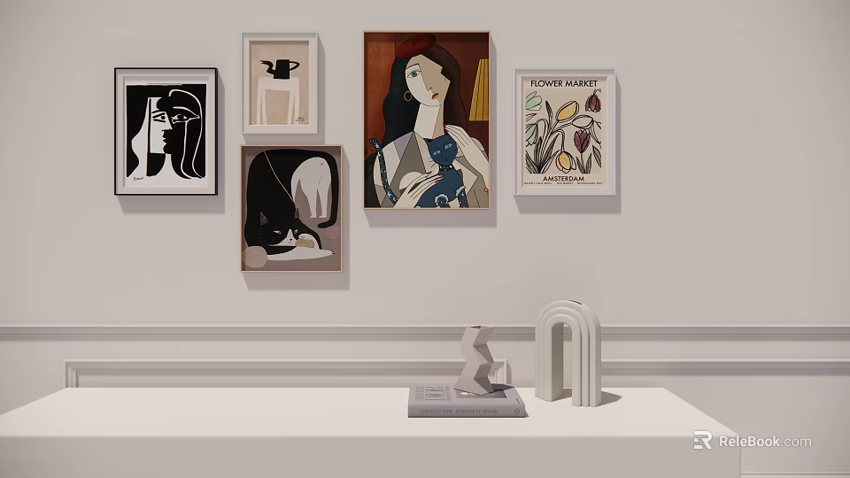 Modern Art Gallery Display With Wall Mounted Paintings Tabletop Sculptures And Decor 3d model 