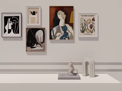 Modern Art Gallery Display With Wall Mounted Paintings Tabletop Sculptures And Decor 3d model