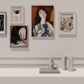 Modern Art Gallery Display With Wall Mounted Paintings Tabletop Sculptures And Decor