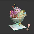 Colorful Ice Cream Sundae With Pink Bear Decoration Cookies And Candy Toppings In Pastel Bowl