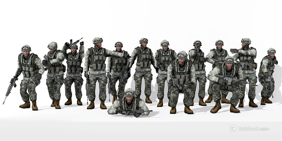 Group of Military Soldiers in Camouflage Uniforms with Various Combat Poses and Weapons 3d model 