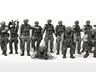 Group of Military Soldiers in Camouflage Uniforms with Various Combat Poses and Weapons 3d model
