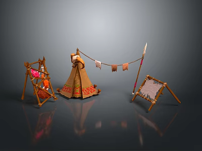 Rustic Teepee Tent Setup With Decorative Clothesline And Fabric Display Stands 3d model