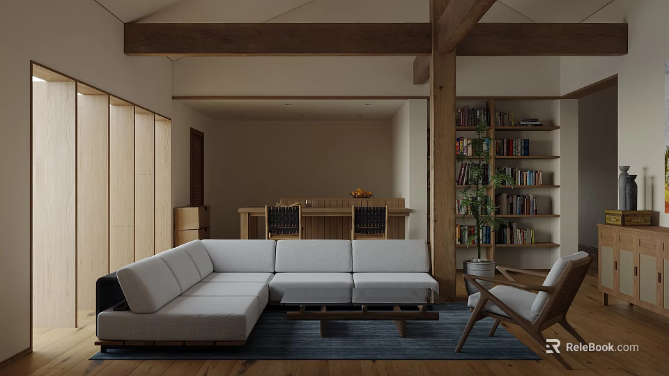 Warm Natural Wood Style Living And Dining Room With Cozy Sofa And Open Dining Area 3d model 