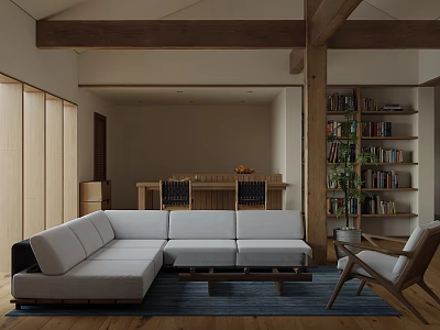 Warm Natural Wood Style Living And Dining Room With Cozy Sofa And Open Dining Area 3d model