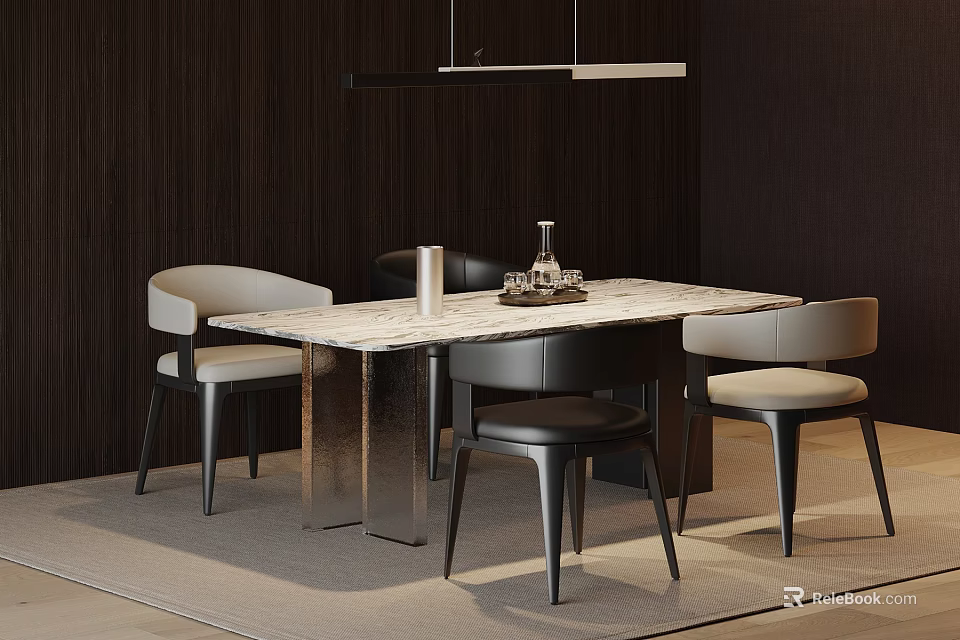 Modern Dining Table Set With Marble Top Light Chairs Metal Legs And Hanging Pendant Light 3d model 