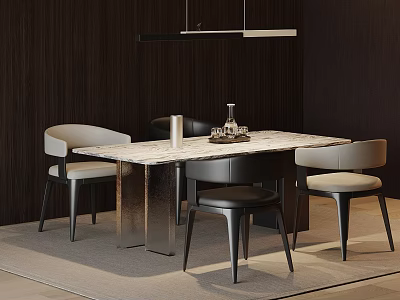 Modern Dining Table Set With Marble Top Light Chairs Metal Legs And Hanging Pendant Light 3d model
