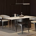 Modern Dining Table Set With Marble Top Light Chairs Metal Legs And Hanging Pendant Light