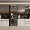 Modern Wine Cabinet With Glass Doors LED Lighting And Wine Bottles