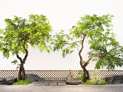 Outdoor Plant Combination With Two Lush Green Trees Curved Trunks Stone Bench And Lattice Fence 3d model
