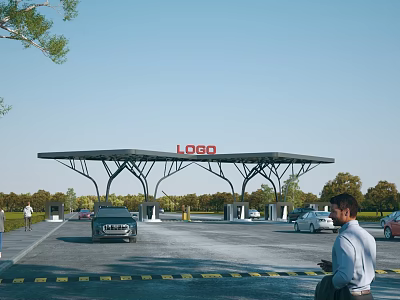 Charging Station Entrance Gate With LOGO And Vehicles Entering Under Blue Sky 3d model