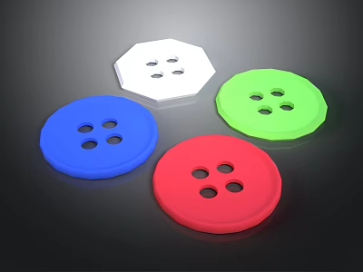 Colored Round And Octagonal Buttons With Blue Red Green White Colors And Four Holes 3d model