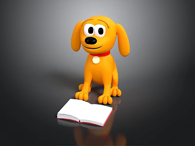 Yellow Cartoon Dog With Red Collar Round Tag And Open Book in Front 3d model