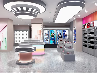 Modern Retail Store Interior With Round Display Counters Shoe Racks And Colorful Lighting 3d model