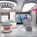 Modern Retail Store Interior With Round Display Counters Shoe Racks And Colorful Lighting