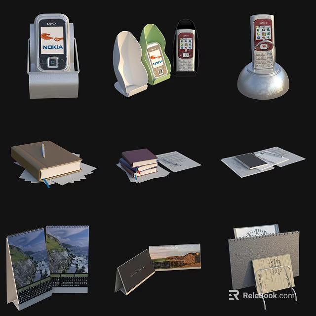 Vintage Mobile Phones Books Notebooks Calendars And Paper Office Supplies 3d model 